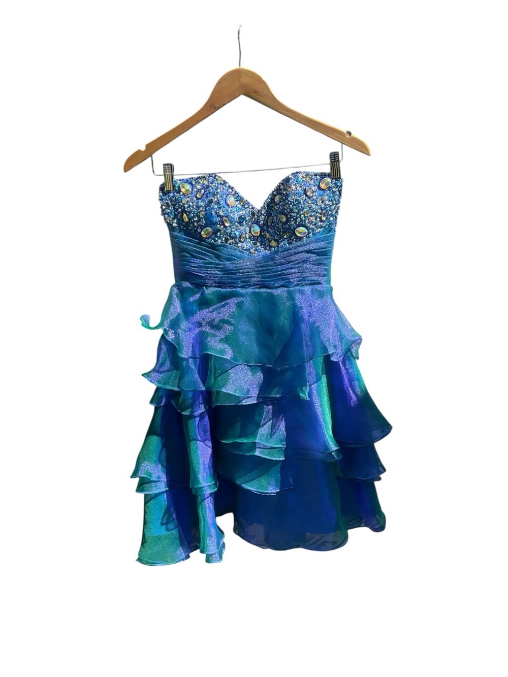 Clarisse Blue Beaded Rhinestone Bodice Ruffle Tiered Short Iridescent Dress 4